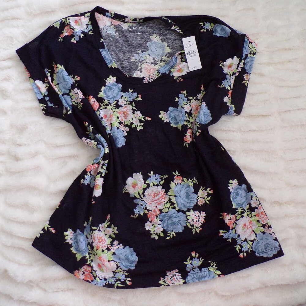 NWT Loft blue linen floral top M - Picture 2 of 6